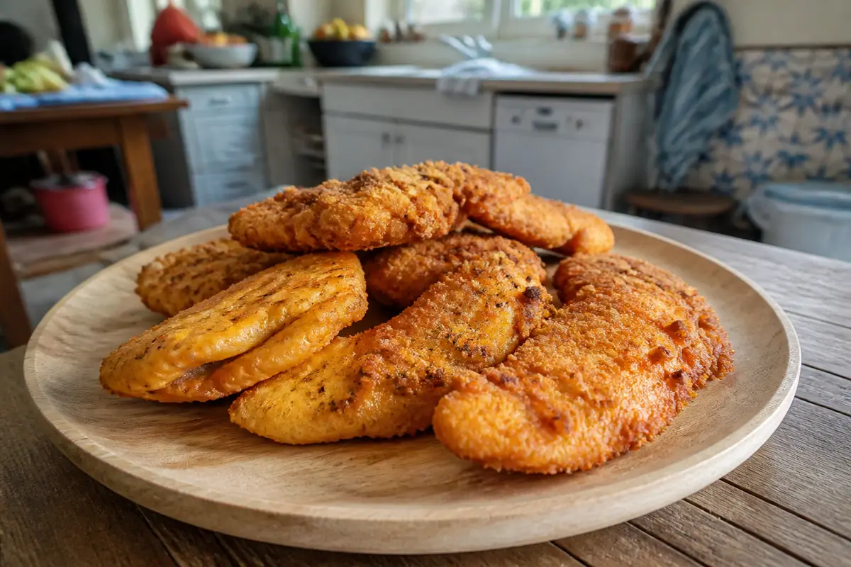Aiguillettes de poulet dorées, croustillantes, cuisinées avec une friteuse à air sur assiette bois