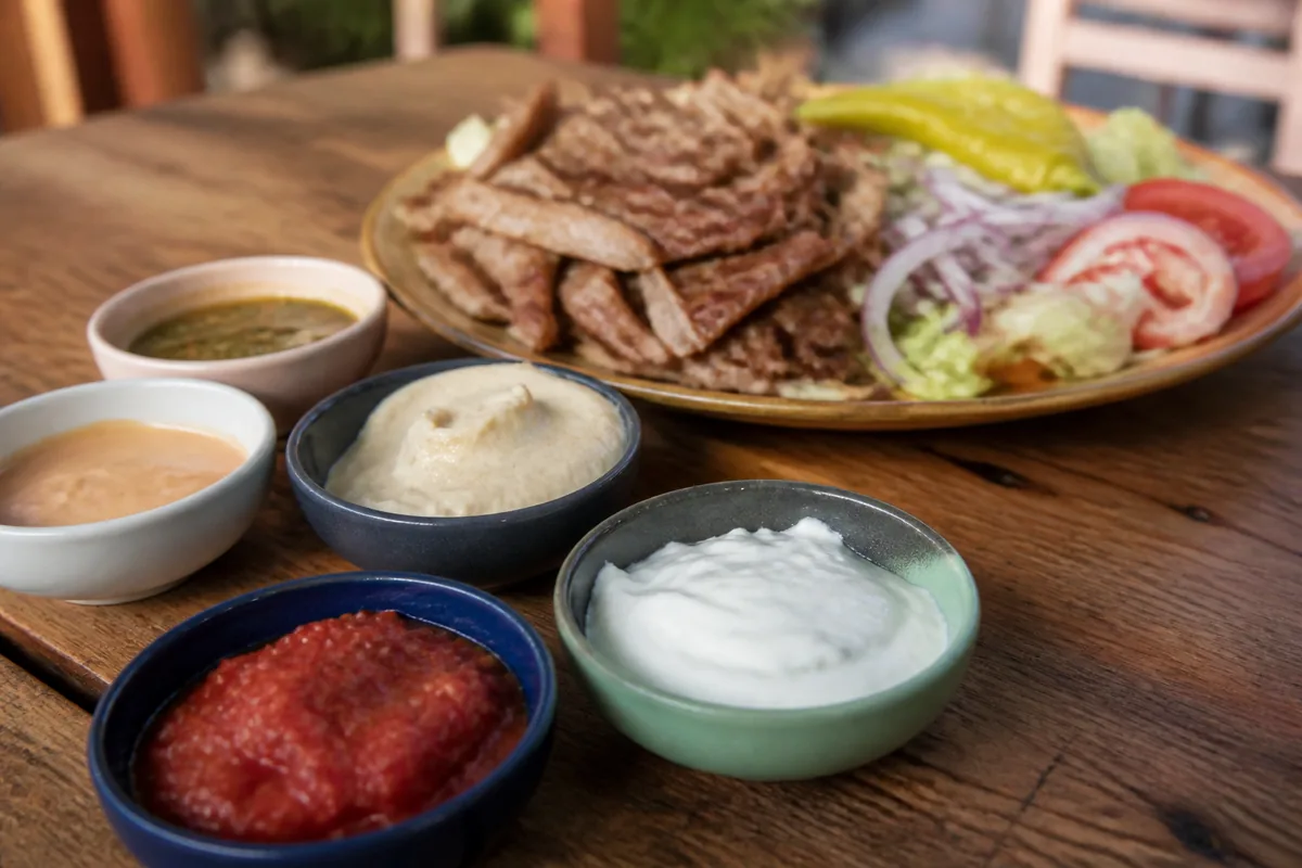 Assortiment de sauces orientales traditionnelles présentées dans des bols en céramique avec un plat de kebab en arrière-plan