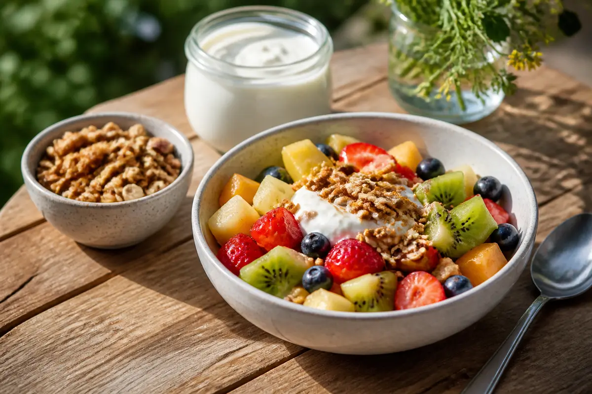 Bol de salade de fruits avec yaourt, granola et options d'accompagnement pour salade de fruits