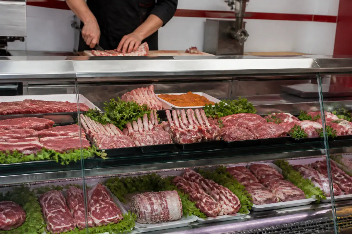 Viandes fraîches exposées dans une vitrine de boucherie halal à Mont-de-Marsan
