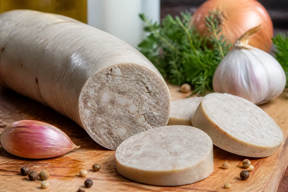 Boudin halal tranché sur planche avec oignon, ail et poivre en arrière-plan