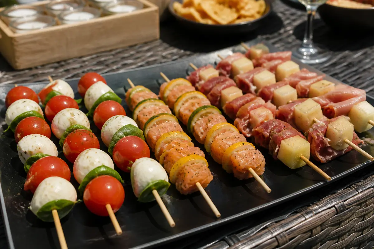 Brochettes apéro froides variées avec mozzarella, tomates, saumon, bacon et melon sur plateau noir