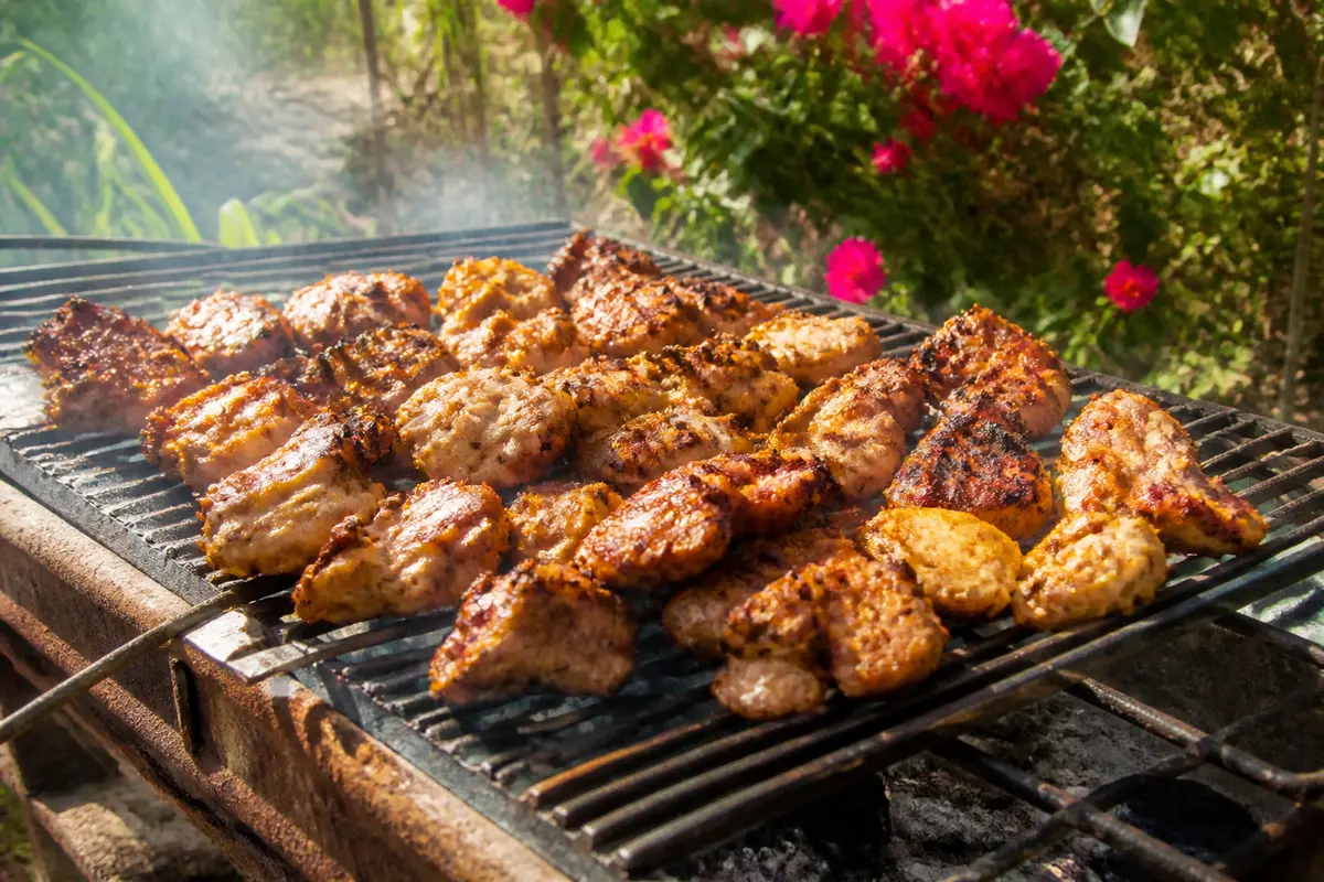 Morceaux de chiquetaille de poulet grillés sur barbecue avec fleurs en arrière-plan