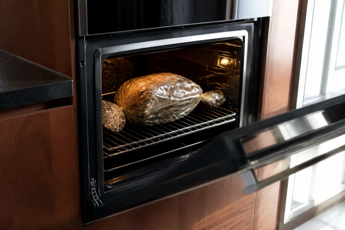 Gigot d'agneau emballé dans un four moderne pour apprendre comment réchauffer un gigot d'agneau