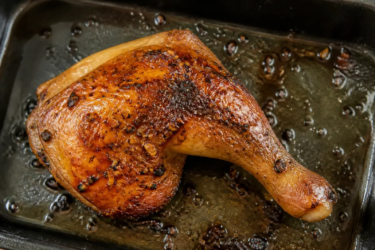 Cuisse de poulet au four dorée et assaisonnée dans un plat noir cuisson