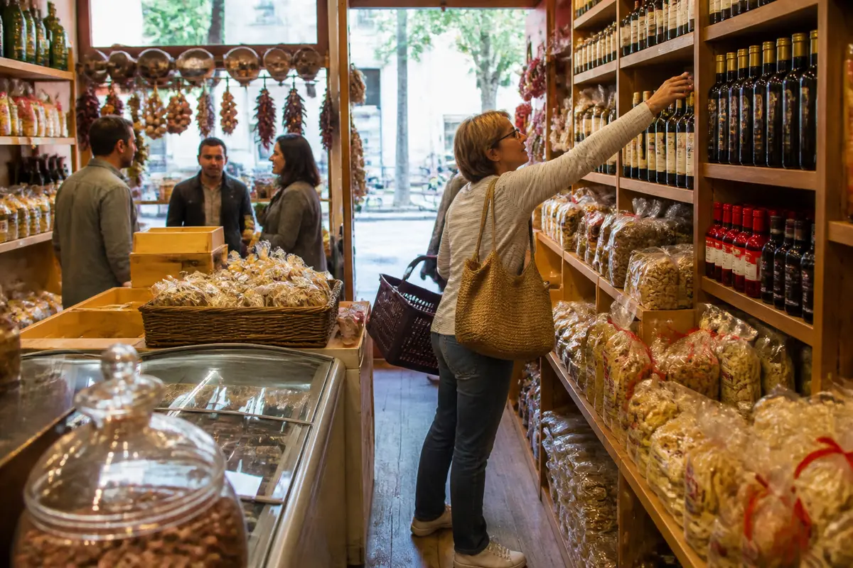 Femme choisissant produits italiens à l'épicerie musicale Da Lino dans une ambiance conviviale