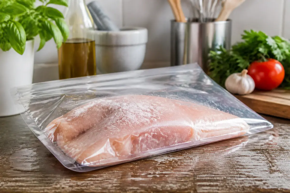 Filets de poulet surgelés dans un sac hermétique pour dégeler du poulet en cuisine