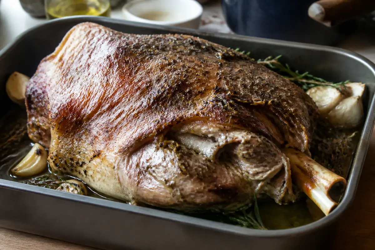 Épaule d'agneau cuisson lente, dorée au four avec ail et herbes aromatiques