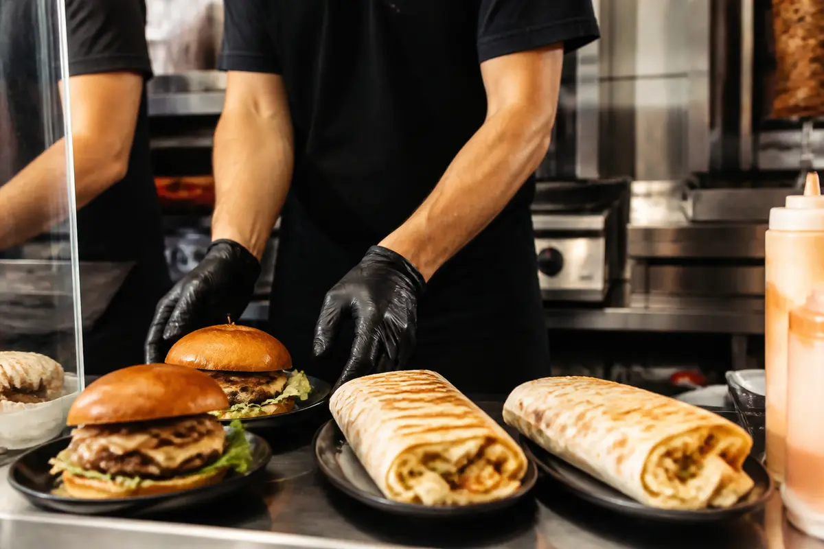 Préparation de burgers et wraps au fast food de Lille sur un comptoir moderne
