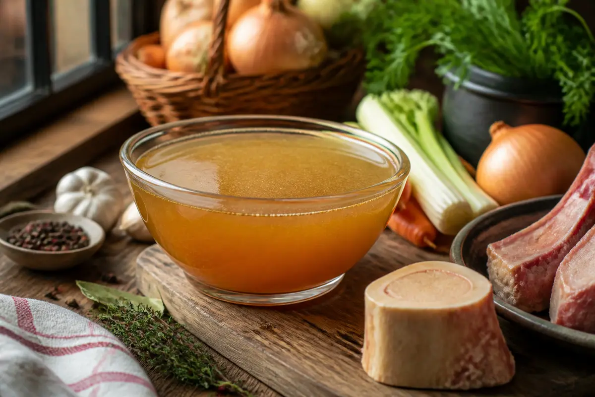 Bol de bouillon avec légumes et os, ingrédients pour fond de veau halal.