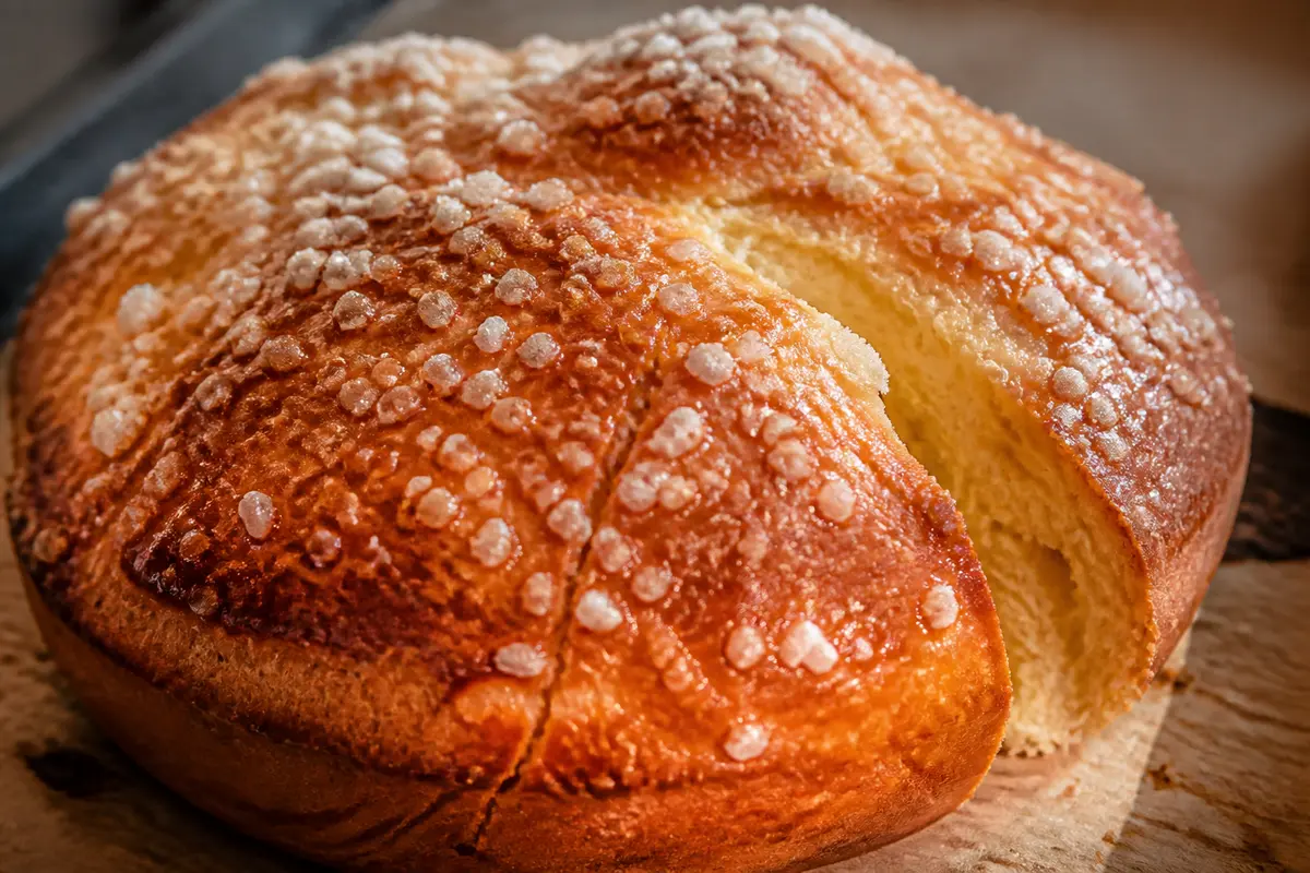 Gros plan sur une galette au sucre de Pérouges dorée avec cristaux de sucre