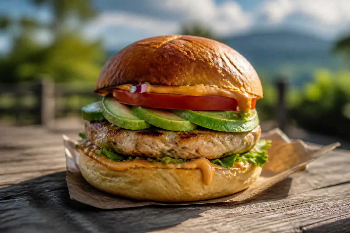 Gros plan sur un hamburger californien avec avocat et poulet sur fond naturel flou