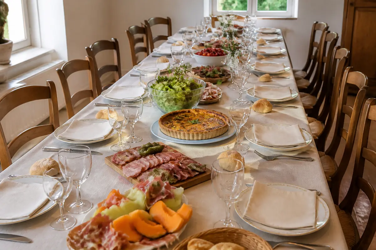 Table élégante dressée avec salades, charcuteries et quiche, idée repas communion pour 20 personnes