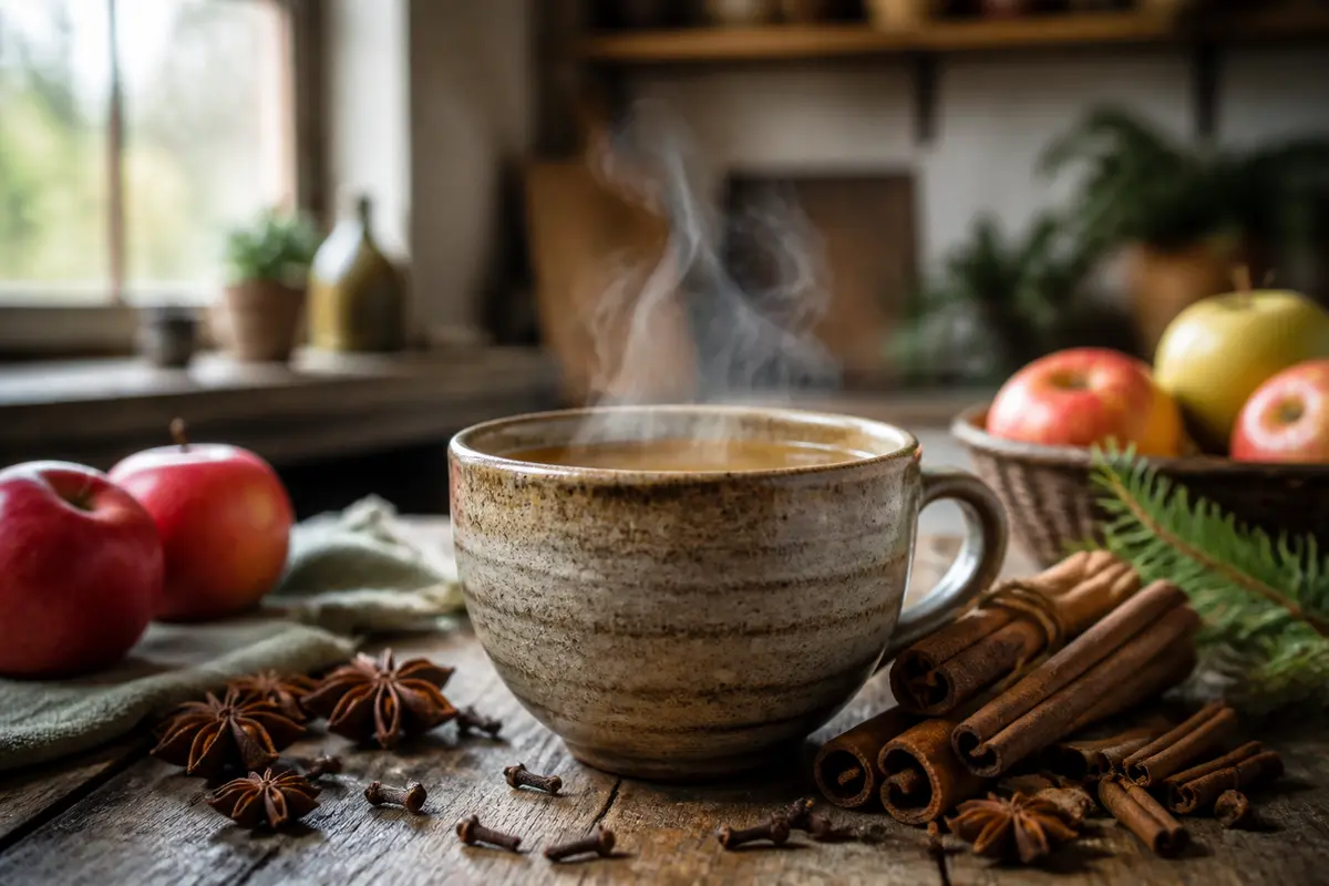Tasse de jus de pomme chaud aux épices de Noël sur table rustique bois