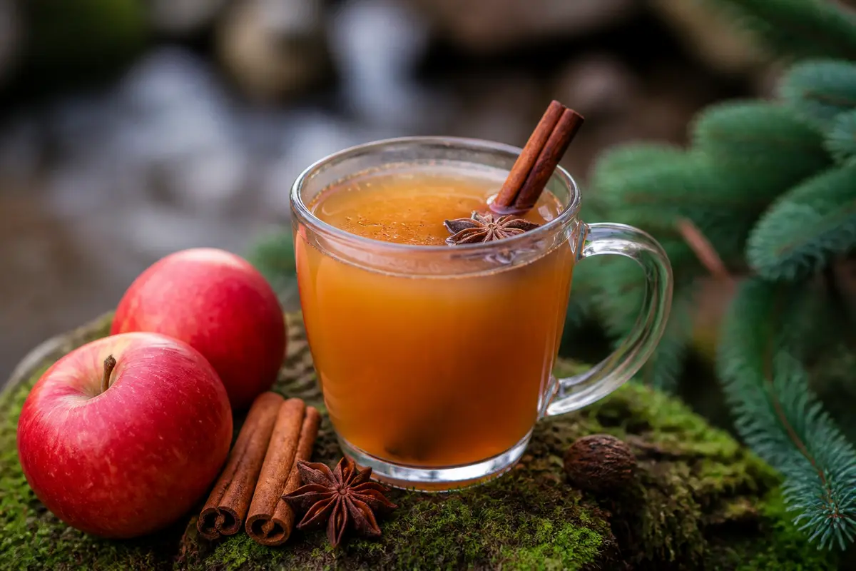 Tasse de jus de pomme chaud aux épices Noël avec pommes et bâtons de cannelle