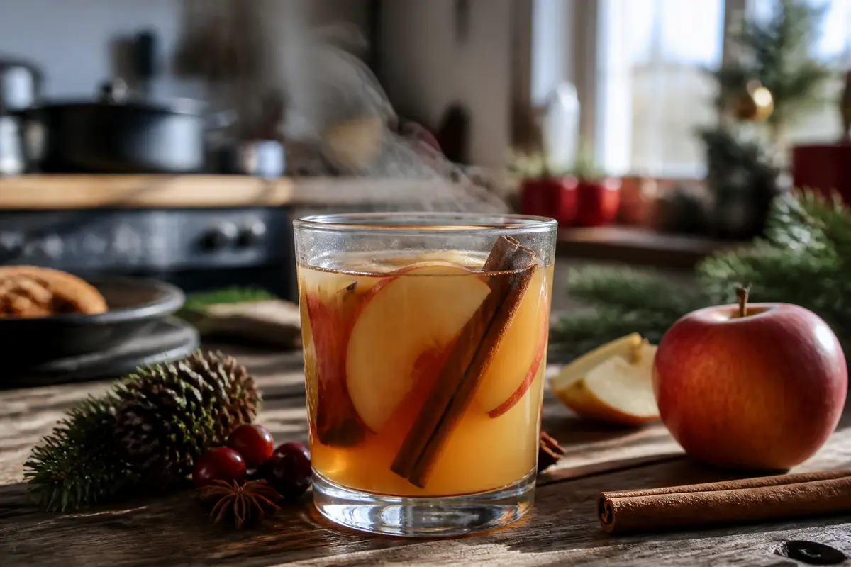 Verre de jus de pomme chaud aux épices Noël sur table bois rustique