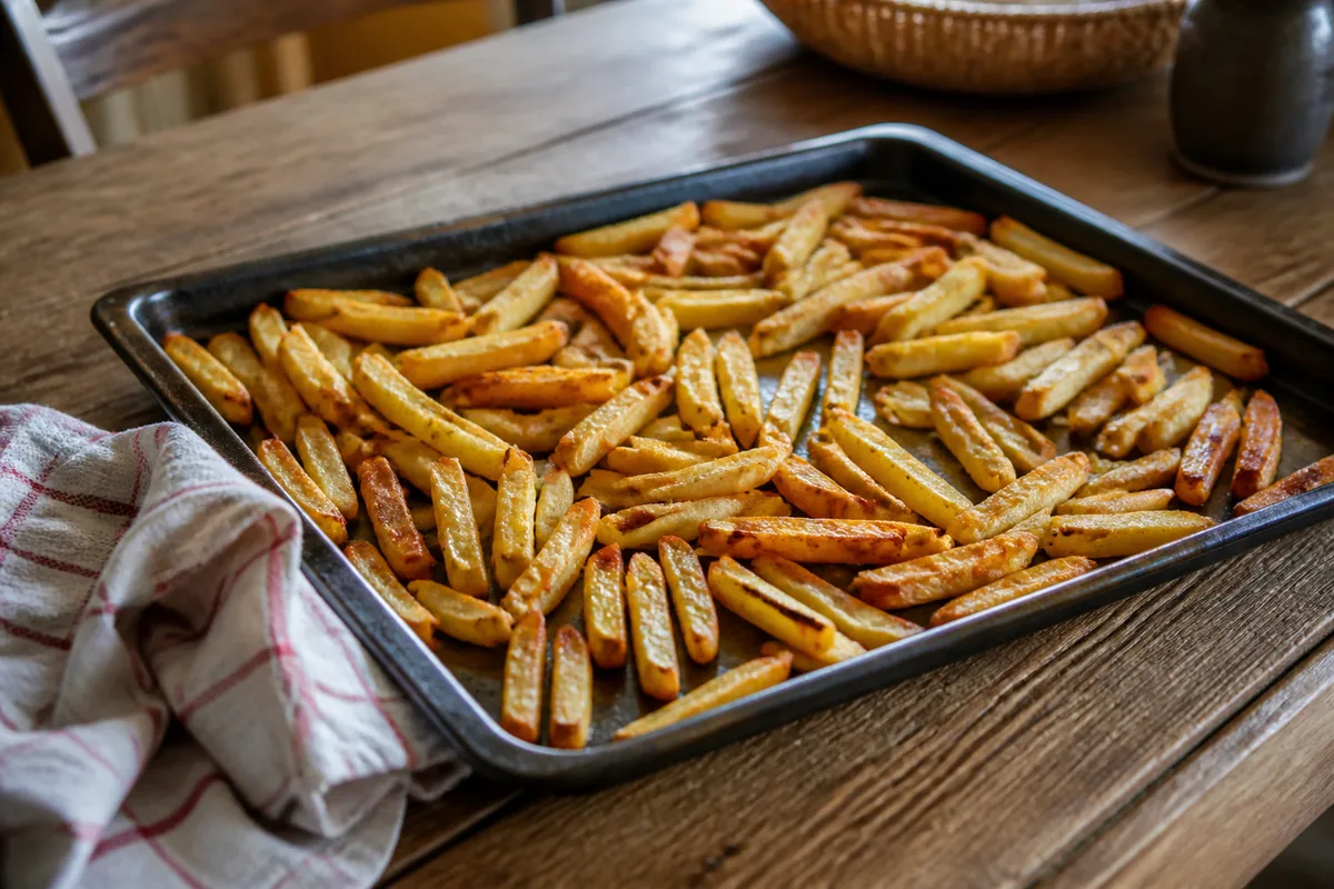 Plaque de cuisson avec des frites dorées et croustillantes fraîchement sorties du four