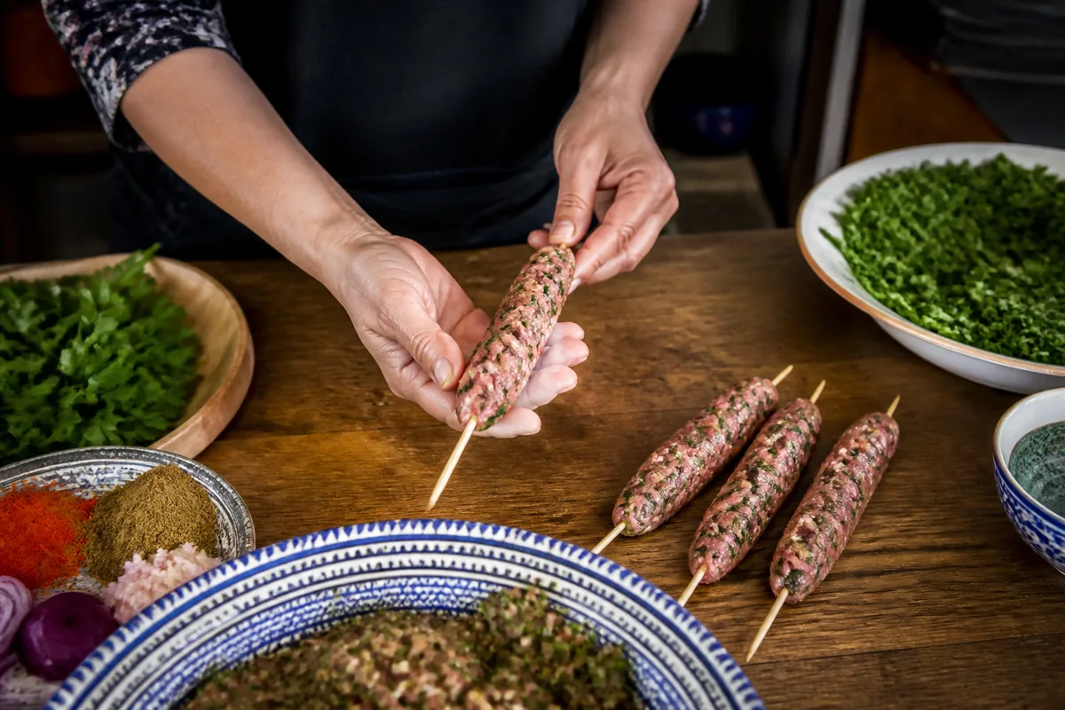 Préparation traditionnelle des keftas libanaises avec épices et herbes fraîches