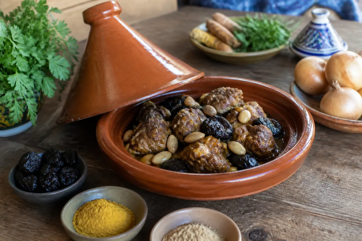 Tajine en terre cuite contenant un plat traditionnel d’agneau aux pruneaux servi avec des ingrédients frais et des épices en cuisine.