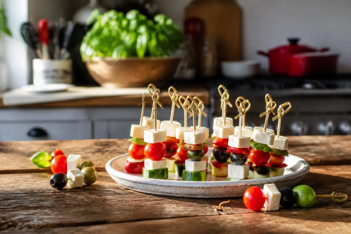 Plateau de mini brochettes apéritives sans cuisson avec fromage, tomates et olives sur table rustique
