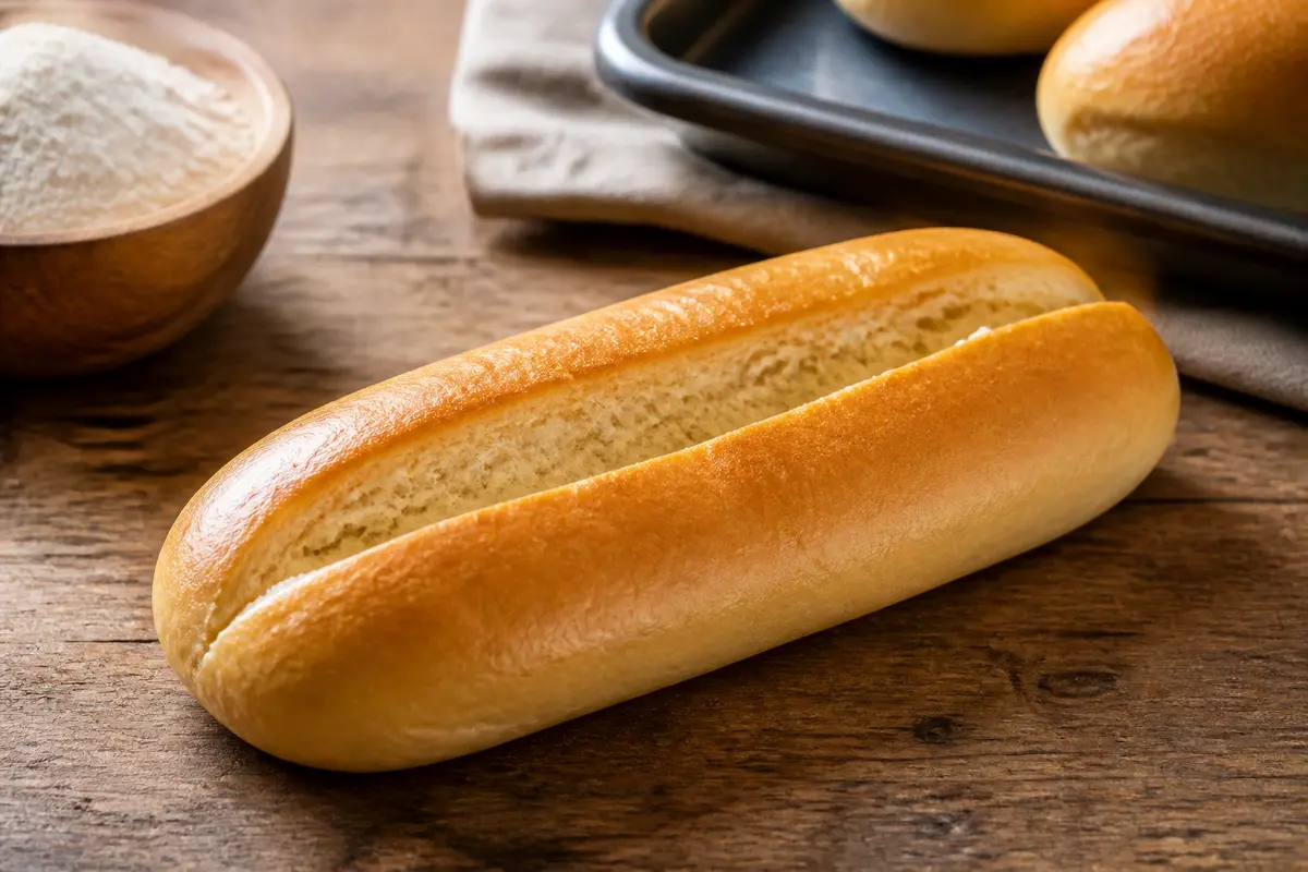 Pain à hot dog frais posé sur une table en bois avec farine à côté