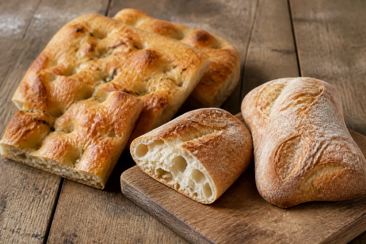 Focaccia et baguettes de pain italien sur une planche en bois rustique