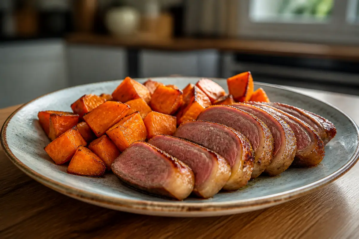 Tranches de canard rôties avec cubes de patate douce, idéale pour accompagner cette viande.