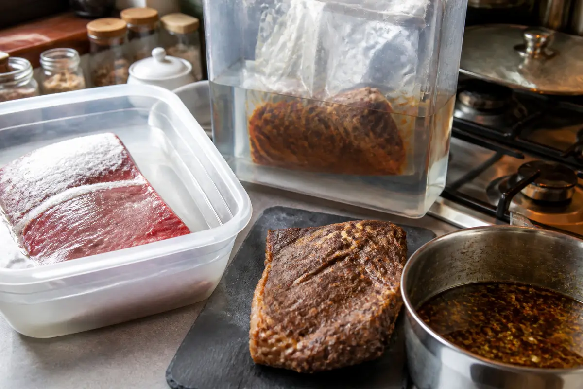 Préparation sous vide pour rattraper une viande trop dure sur un plan de travail.