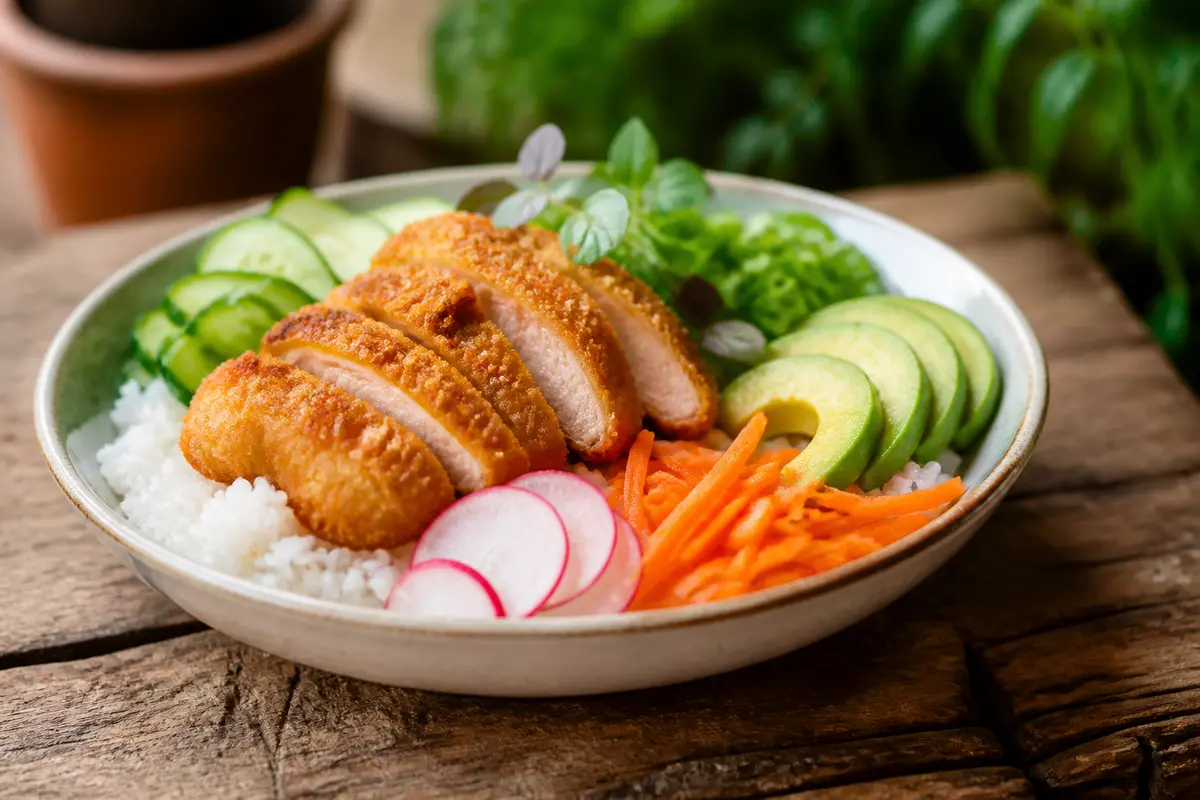 Bol de poulet croustillant, légumes frais et riz pour recette de poke bowl
