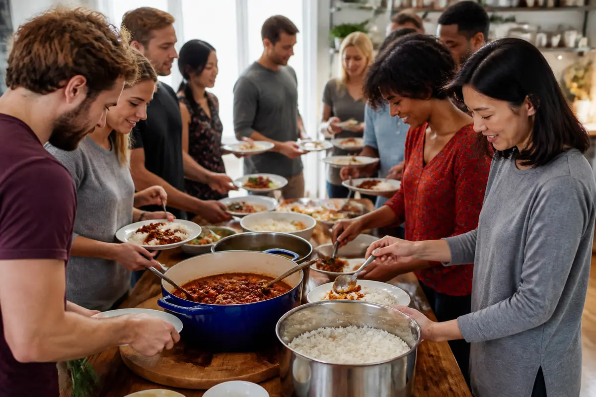 Groupe partageant un repas économique pour 20 personnes autour d'une table conviviale
