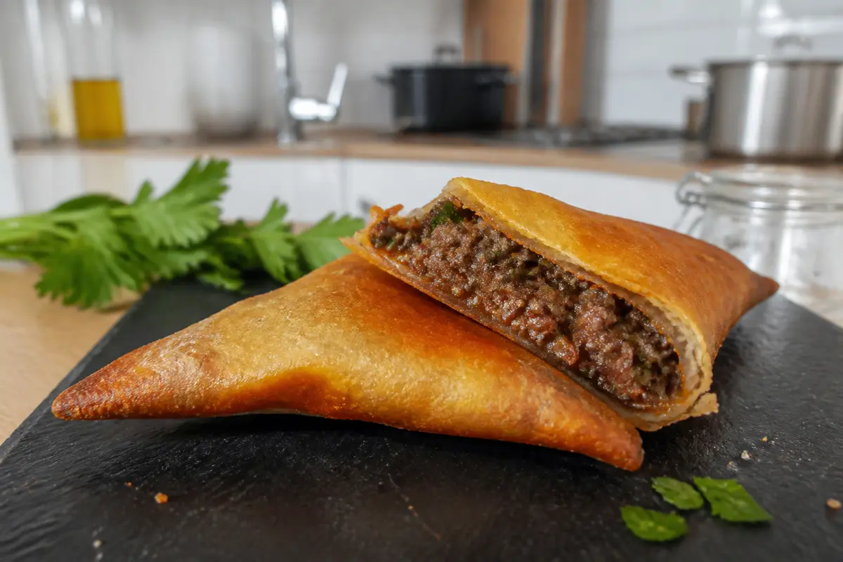 Samoussa au bœuf croustillant, garni de viande épicée, posé sur une planche en ardoise