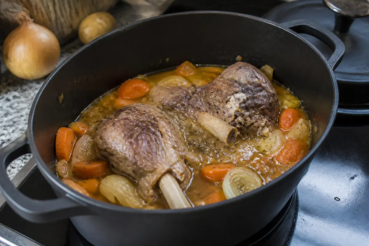 Souris d'agneau en cocotte mijotant avec légumes pour temps de cuisson optimal