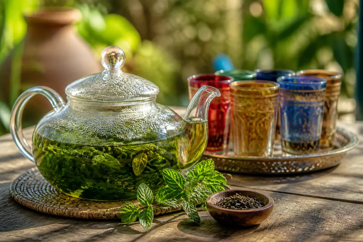Théière en verre avec thé à la menthe verte accompagnée de verres colorés et feuilles fraîches