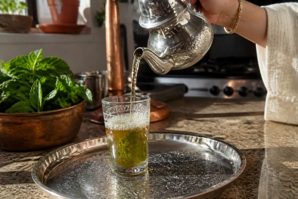 Service traditionnel du thé à la menthe verte dans un verre décoratif sur plateau argenté
