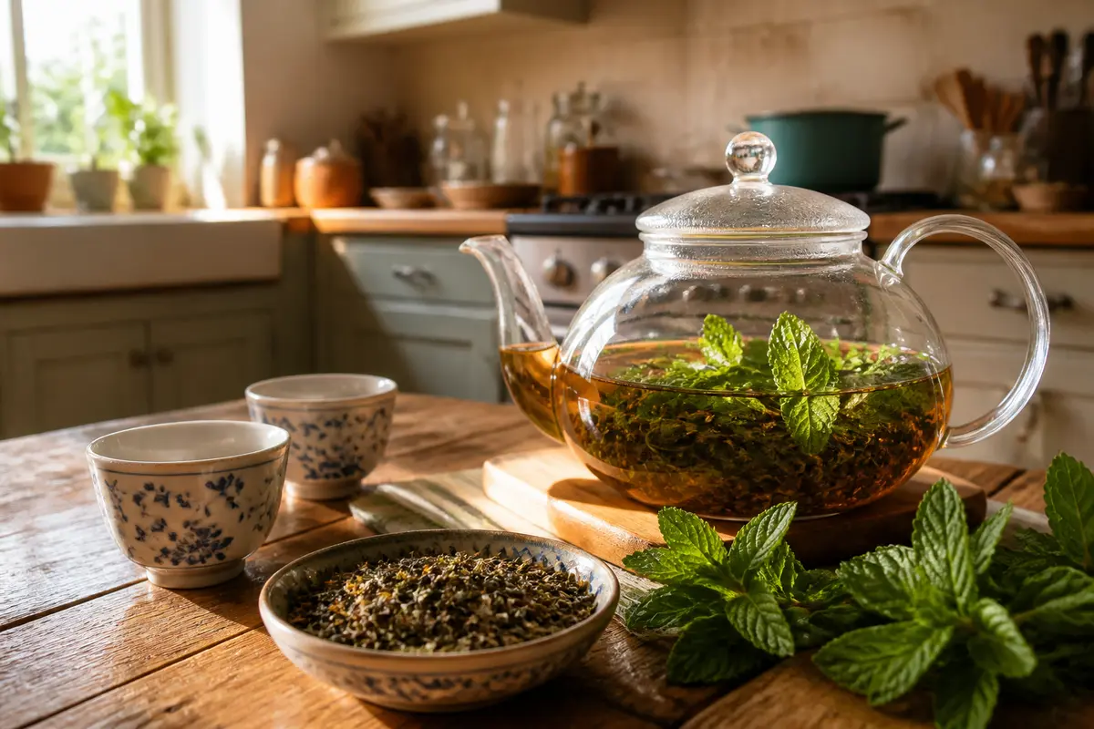 Théière en verre avec thé à la menthe et tasses, ambiance the oriental