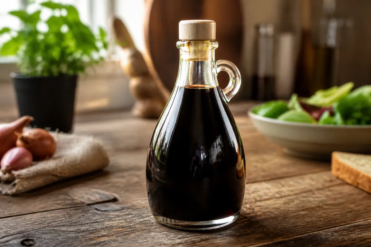 Carafe de vinaigre balsamique halal sur table en bois, entourée de légumes et herbes fraîches