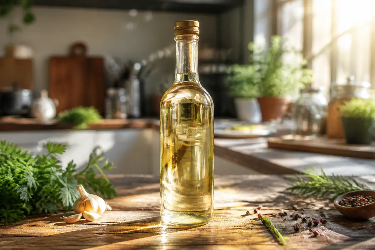 Bouteille de vinaigre d'alcool halal sur table en bois avec herbes fraîches et ail
