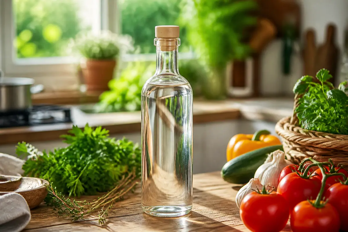 Bouteille de vinaigre d'alcool halal sur table, entourée de légumes frais et herbes