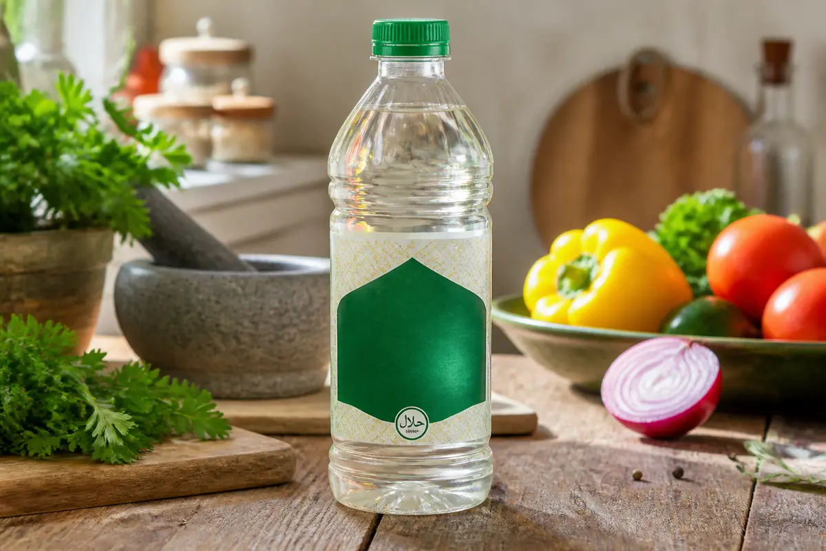 Bouteille de vinaigre d'alcool halal sur table de cuisine avec légumes frais